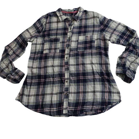 Maurices Navy Blue Cream Pink Silver Plaid Flannel Button Up Shirt Women Size XL - Picture 1 of 12